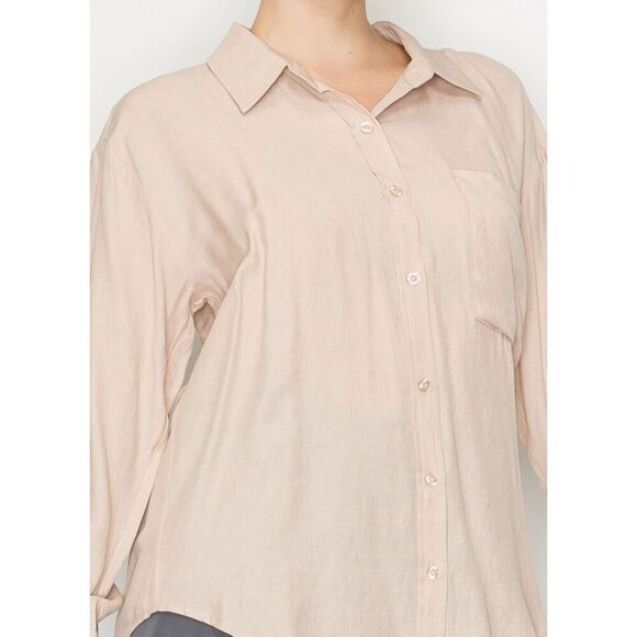beige linen button up shirt long sleeve - Picture 2 of 10